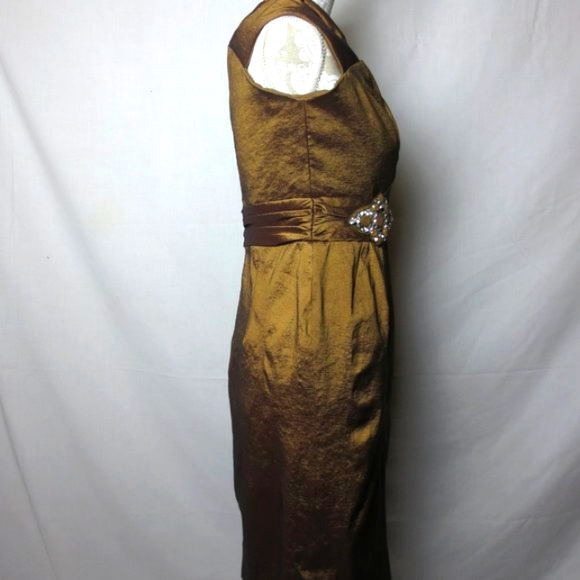 Badgley Mischka Cocktail Dress Metallic Bronze Crepe Rhinestone Evening Size 8 … - Picture 3 of 11